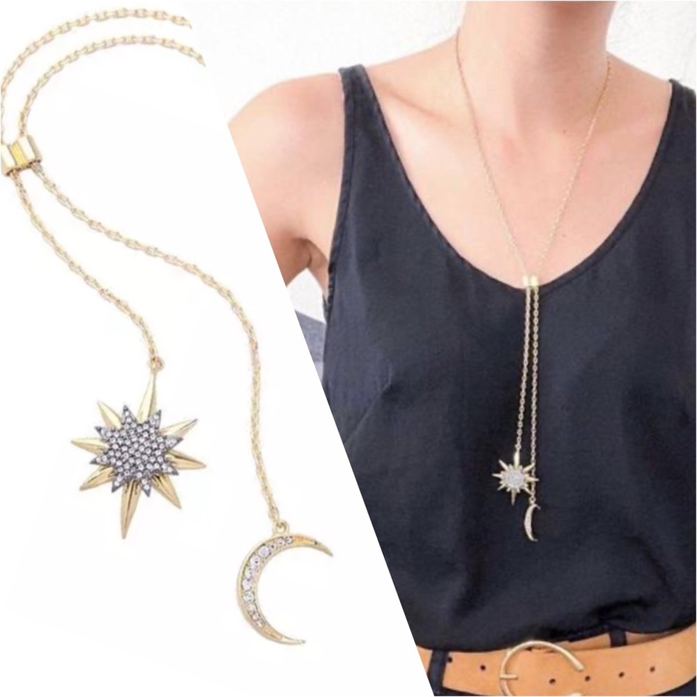 🔴 Gold Crescent Moon & Star Lariat Necklace